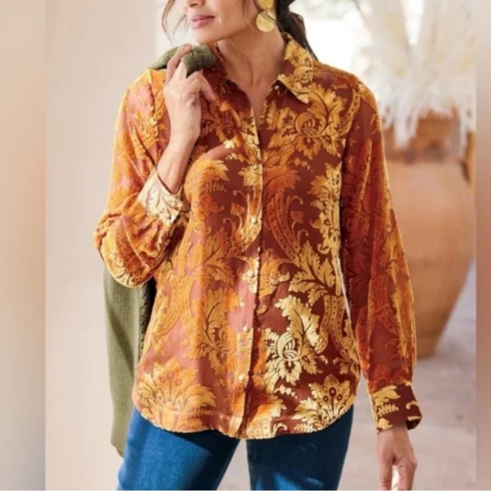 Soft Surroundings Gold Velvet Flocked Brocade Blouse xs